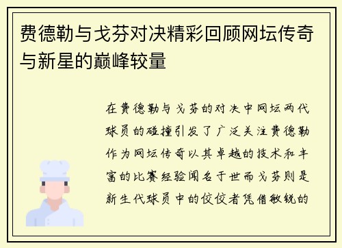 费德勒与戈芬对决精彩回顾网坛传奇与新星的巅峰较量